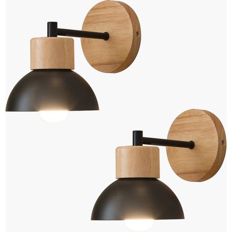 Applique Murale Rétro E27 Intérieur Lampe Murale Fer Forgé Bois Luminaire Murale Noir Chambre Salon Couloir Ø15CM - 2Pcs (1/5)