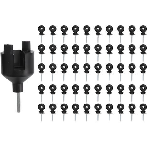 50 Werkzeuge für die Installation von Elektrozaunisolatoren, Schraubringen, Holzpfosten und Steckdosen.