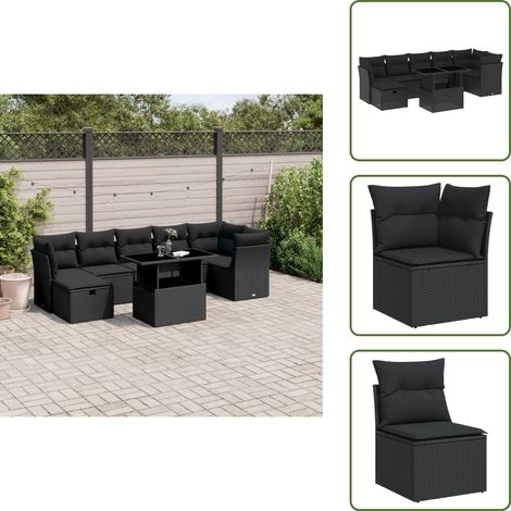 Salon de jardin 8 pcs avec coussins noir résine tressée - Ensemble Salon De Jardin - Mobilier De Jardin - Salon Extérieur - Table Basse Extensible - Chaise Lounge (1/5)
