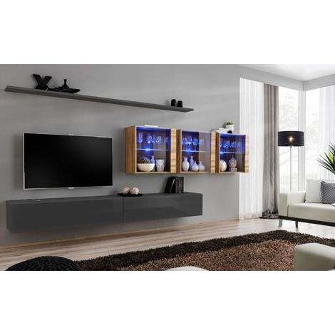Ensemble mural - Switch XVII - 3 vitrines LED - 2 banc TV - 2 étagères - Bois et graphite - Modèle 2 - Livraison gratuite