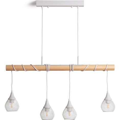 – Suspension métal et bois Monah blanc – Style scandinave – Câble de suspension réglable – Ampoule E27 non incluse (1/5)