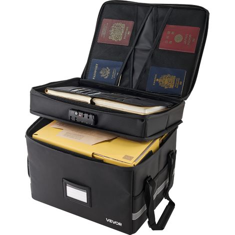 VEVOR Boite a documents ignifuge 1000 °C, porte-documents anti-feu multicouche avec serrure, sac de rangement ignifuge et etanche portable a deux niveaux pliables pour fichiers importants, passeports