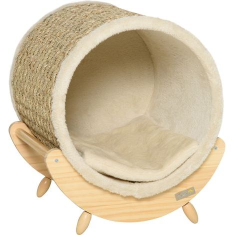 Grotte pour chat avec étagère, panier intégré, griffoir, structure en bois de pin, revêtement en flanelle, coloris kaki, naturel et beige, dimensions 41 x 38 x 43 cm (1/5)
