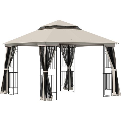 Pavillon de jardin avec double toit 2,99 x 2,99 m en métal et polyester beige avec 4 parois amovibles (1/5)