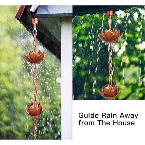Chaîne de pluie de 1,2 m pour gouttières, becs de descente extérieurs, coupelles en cuivre plaqué lotus, remplacement fonctionnel et décoratif pour gouttières