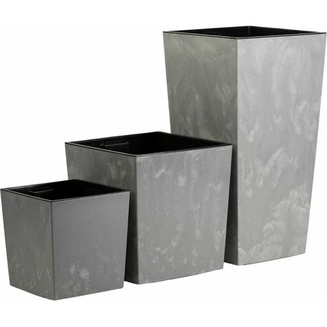 Set großer, moderner Blumentöpfe aus grauem Beton, 3-teilig