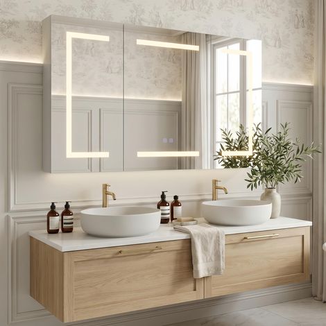 Armadio e mobile da bagno 100 cm, con specchio LED connesso - ampio spazio di archiviazione, antiappannante, memoria, vetro temperato HD - presa integrata