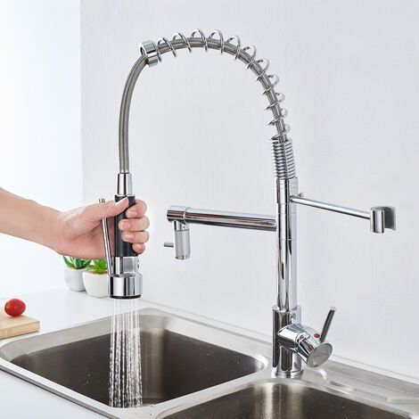 Mitigeur Cuisine Robinet avec Douchette Flexible et Pivotante Robinetterie Deux Jets Rétractable évier Bec Haut en Laiton Durable (1/4)