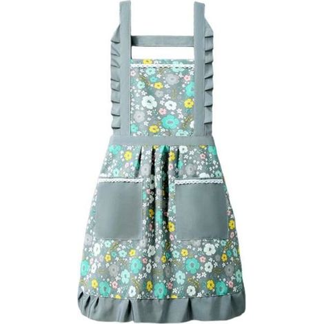 Tablier de cuisine floral de style princesse - Toile - Taille unique - Gris bleu (1/4)