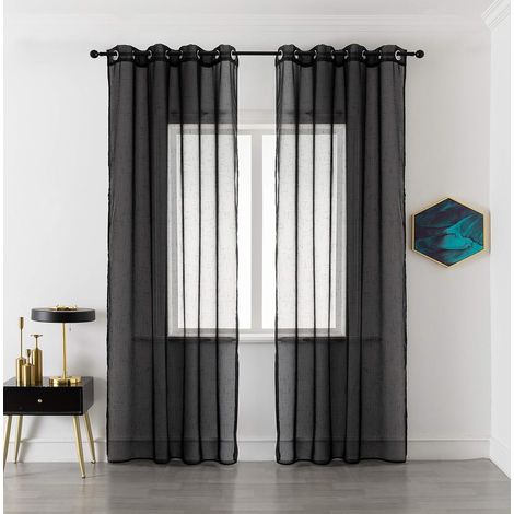 2 paires de rideaux, voile transparent effet lin, 8 œillets métalliques, polyester 100%, pour salon chambre balcon, noir 140x290 cm (1/5)