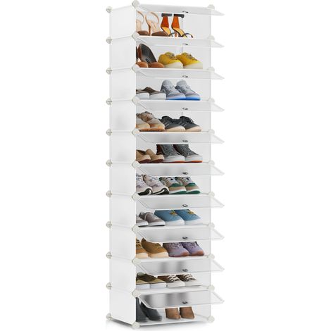 Meuble à Chaussures 10 Compartiments, Étagère Modulable en Plastique avec Portes, 43 x 31 x 173 cm, Blanc (1/5)