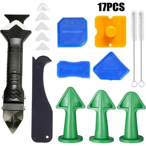 Ensemble de 17 pièces comprenant un embout pour mastic, un grattoir pour verre et plastique, un outil de finition pour joints et colle à verre. (1/5)