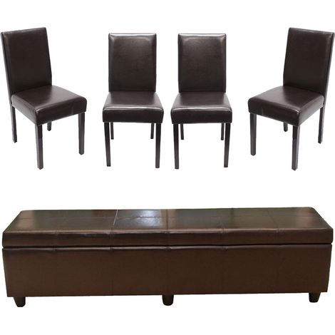 Set panca contenitore Kriens xxl con 4x sedie Littau pelle e ecopelle, marrone