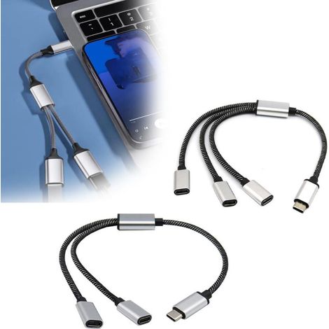 Câble répartiteur/concentrateur USB-C mâle vers double USB-C femelle, compatible avec les chargeurs de type C.