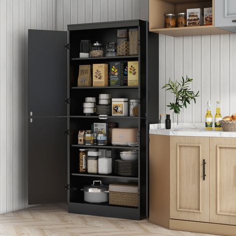 Buffet de cuisine haut, armoire de rangement avec 4 portes, 6 tablettes réglables, dimensions 76 x 40 x 176,7 cm, coloris noir mat. (1/5)