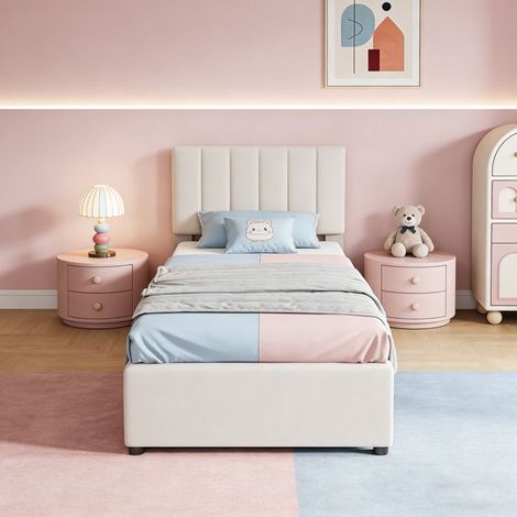 Bett Kind 90x200cm - Bett mit Stauraum und Kopfteil - einfaches Bett aus weichem Leinen - Bett 90x200 mit Lattenrost - beige (1/5)
