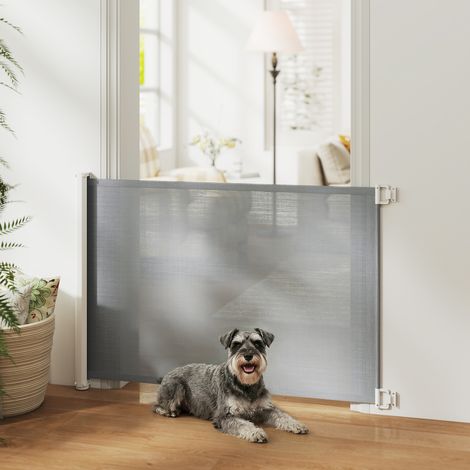 Barrière rétractable automatique pour animaux de compagnie Teslin, 1,15 m L x 0,83 m H, métal, grise (1/5)