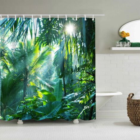 Rideau de douche vert forêt 180  200 cm feuille de bananier rideau de douche jungle tropicale feuille de palmier avec 12 crochets polyester imperméable et résistant à la moisissure (1/5)