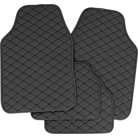 WOLTU 4x Alfombrillas universales delanteras y traseras para coche de piel sintética negra + costuras negras