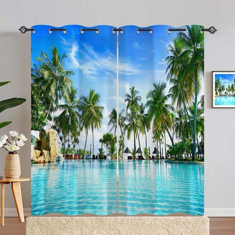 Rideau Occultant Tropical Océan Plage Palmier Tenture Opaque à Oeillets Draperies Intérieurs Rideau Thermique Isolant pour Maison Chambre Salon Fenetre 2 Pièces L 117 x H 183 cm - 117L X 183H cm (2 Pa (1/5)