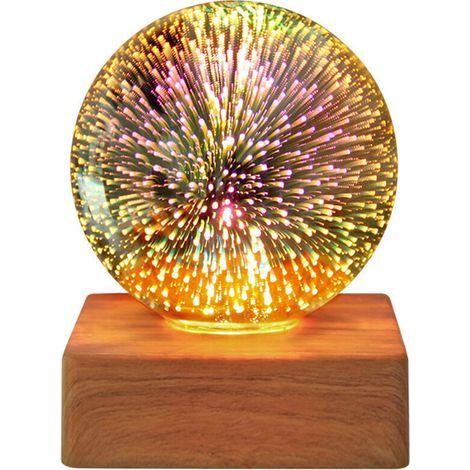 Veilleuse LED Boule de Cristal 3D, Veilleuse Feu d'Artifice LED, Lampe de Bureau Romantique, Boule de Verre Cristal Magique, Lampe Décorative avec Socle Bois (1/5)
