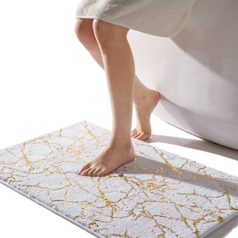 Tapis de bain antidérapant lavable - Tapis de salle de bain blanc et or - Accessoire de salle de bain de luxe - En microfibre douce - Absorbant - 50 x 80 (1/5)