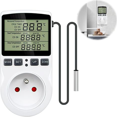 Prise Thermostat, Regulateur Température Numérique, 230 V Prise Programmable Digitale avec Ecran LCD et Sonde, Thermostat Terrarium, Prise ThermostatChauffage pour Serre, Aquarium (Prise FR)
