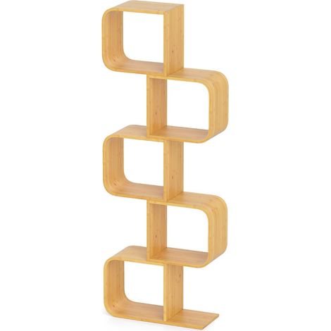 Libreria mensola bambù 5 cubi aperti 5 livelli forma S scaffale geometrico angolare esposizione Naturale (1/4)