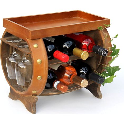 DanDiBo Weinregal Holz Weinfass Braun 33 cm 9064 Bar Flaschenregal Flaschenständer Klein Fass Holzfass mit Glashalter