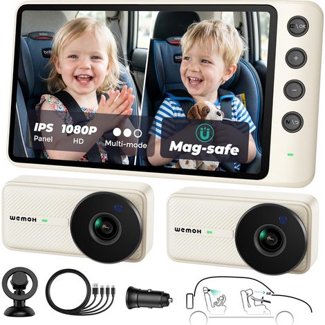 Magnetische Dual-Baby-Autokamera für zwei Kinder, 1080P IPS-Display mit magnetischer Halterung, 3 Modi (Zoom/Spiegel/Split), automatische Nachtsicht, USB-betriebene Autokamera für Baby-Rückseite, Weiß (1/4)