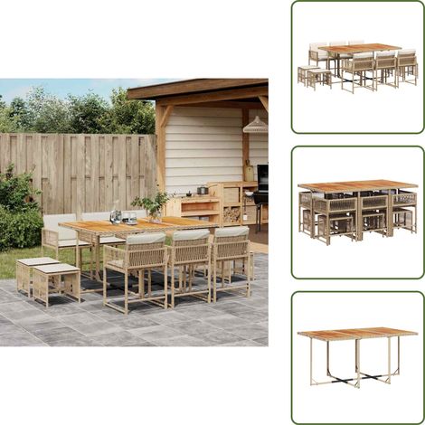 Hocker - vidaXL 11-tlg. Garten-Essgruppe mit Kissen Beige Poly Rattan - Sitzkissen