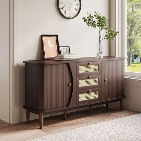 MEUBLIV Buffet 140,5 cm bois foncé – rangement avec tiroirs en rotin et portes (1/5)
