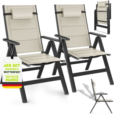 tillvex Gartenstuhl mit Polster Premium 2 Stück Beige klappbar aus Aluminium Hochlehner mit Armlehnen Klappstuhl verstellbar Klappsessel Balkon Garten Terrasse