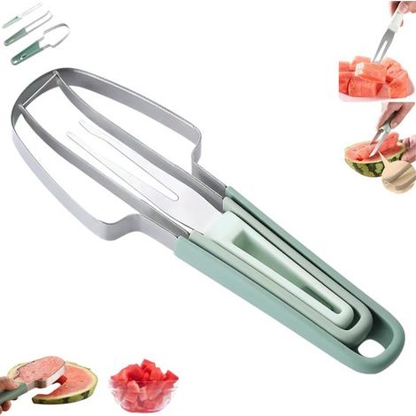 Trancheuse à pastèque 3 en 1 en acier inoxydable - Couteau et fourchette à pastèque - Verte - Trancheuse à fruits - Trancheuse à pastèque 3 en 1 en acier inoxydable - Verte (1/5)