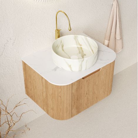 Meuble vasque suspendu 61 cm avec lavabo rond en céramique, blanc, effet bois naturel (1/5)