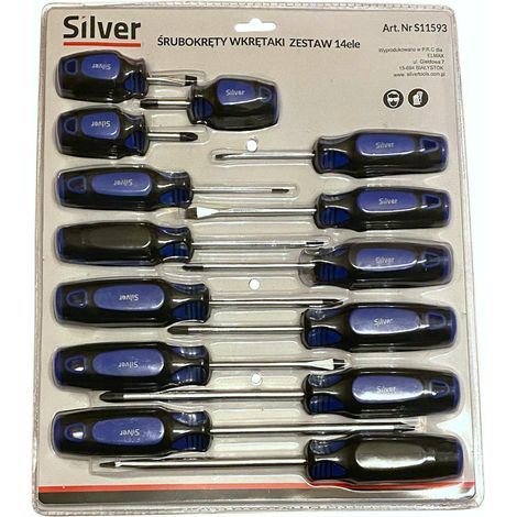 Juego de destornilladores Silver, 14 piezas, uso profesional y doméstico, mangos ergonómicos, puntas imantadas, resistentes, ideal para bricolaje y mantenimiento