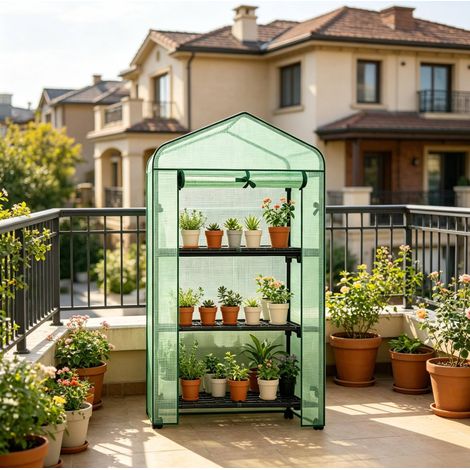 Mini serra 70x50x130 cm in polietilene verde con ruote e 3 ripiani, per balcone – MEUBLIV (1/5)