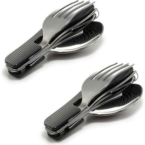 Couteau Fourchette Cuillère Ouvre-bouteille - Ensemble De Couverts De Voyage 4 En 1 - Poignée En Aluminium - 2 Pièces (1/5)