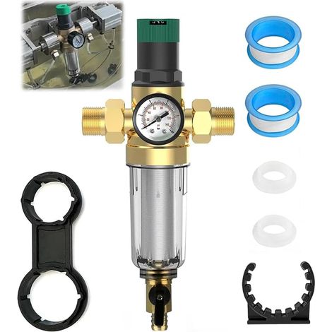 Filtre à contre-lavage, laiton réducteur de pression d'eau de 1 pouce et manomètre, reducteur de pression eau 3/4 pouce DN 20 filtre à sédiments, filtre à eau domestique réutilisable (1/5)