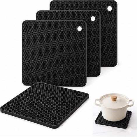 Dessous de Plat Silicone 18x18cm, Noir, Épais 6mm, Antidérapant Protège table et plan de travail des plats chauds jusqu’à 250°C, lavable, réutilisable et facile à ranger (1/5)