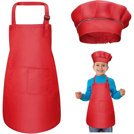 ensemble Tablier Et Chapeau De Chef Pour Enfants, Tablier De Cuisine Rglable Avec 2 Poches Pour Filles Garons, Tablier De Chef De Jardin Pour Tout (1/4)