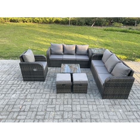 Fimous Polyrattan Gartenmöbelset Garten Sofa Couchtisch Set mit Liegestühle Beistelltisch 2 kleine Fußhockern Dunkelgrau Gemischt (1/5)