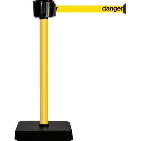 Poteau alu jaune à sangle grande longueur jaune + danger 12m x 50mm sur socle mobile - 2810050 (1/2)