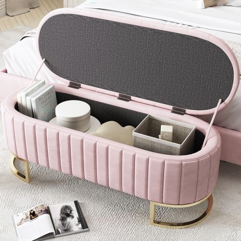 Banco baúl de terciopelo rosa 120 x 39,9 x 43 cm, banqueta acolchada DESVIAE (1/5)