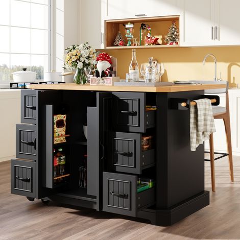 REDOM - Isla de cocina móvil 120x45x91 cm, gran espacio de almacenamiento, 2 puertas, 6 cajones, MDF, negro (1/5)