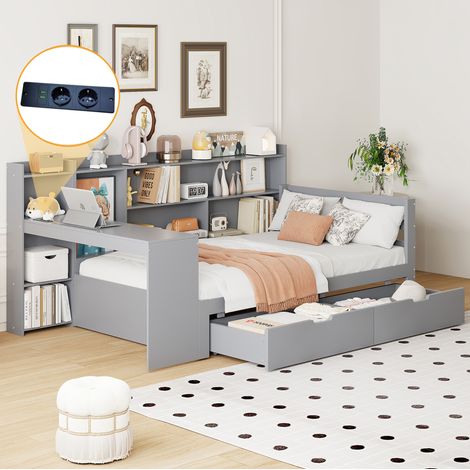 Lit multifonction en bois massif 90x200 cm gris avec bureau, bibliothèque, étagères, 2 tiroirs, prise USB et sommier à lattes (1/5)