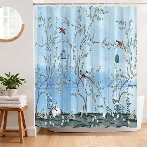 Cortina de ducha con estampado de flores, ramas y pájaros, 180 x 180 cm, tejido de poliéster lavable con 12 ganchos (ya se mencionó anteriormente, pero se incluye aquí para mayor claridad). (1/5)