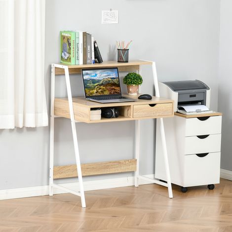Scrivania da segretaria HOMCOM, scrivania per computer, stile neo-retrò, cassetto, nicchia, ripiano, metallo bianco, finitura rovere chiaro
