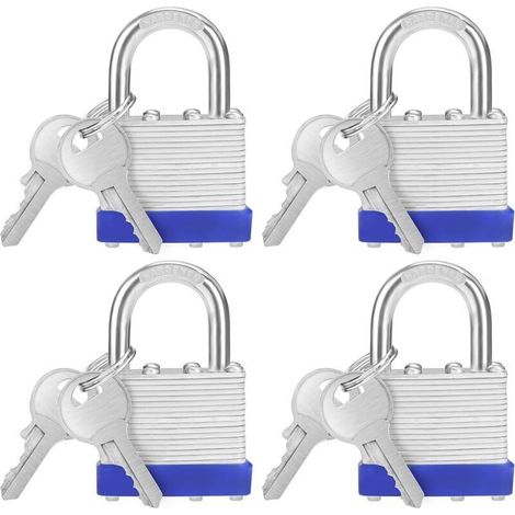6,4x4,2x2,4 cm - Cadenas en fer avec 2 clés (Pack de 4) - Cadenas extérieur/intérieur résistant aux intempéries pour garages et armoires de rangement