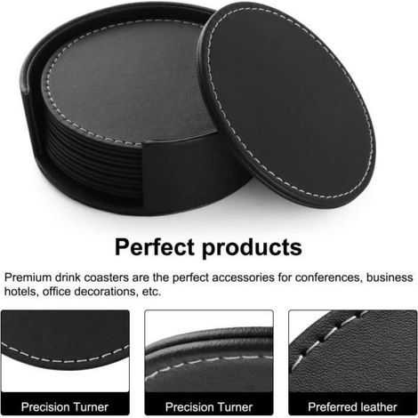 Dessous De Verre - Cuir PU Antidérapant Résistant À La Chaleur - Pour Café Bière Thé - 6 Pièces Ø10 Cm Avec Support